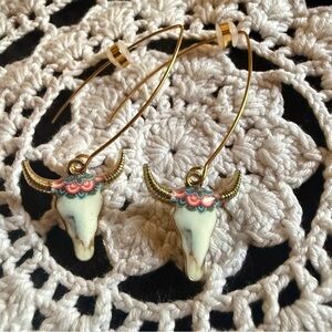 Gold Hoop Earrings with Floral Ivory Bull Skull Charms